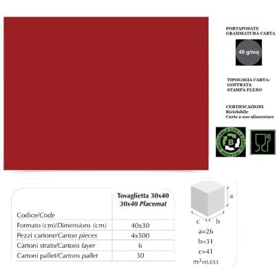 TOVAGLIETTA CARTA ROSSA PER PRANZI cm.30x40 x 500 Pz. [LUNIPAPER116]