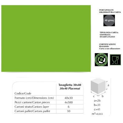 NON DISP.TOVAGLIETTA CARTA VERDE PER PRANZI cm.30x40 x 500 Pz. [LUNIPAPER115]