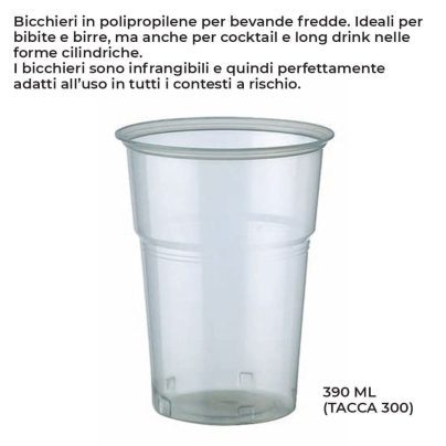 BICCHIERE PLASTICA TRASPARENTE 390 ML (TACCA 300ML)x 50 Pz. [BIBO305]
