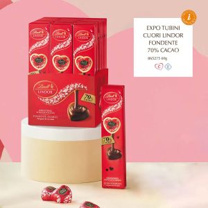 EXPO TUBINI CUORI LINDOR FONDENTE 70% Gr.69x18 Pz.V.6,00 ART.865275 [LINDTVALEN145]
