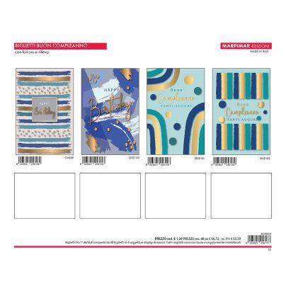 BIGLIETTI COMPLEANNO FOIL ORO + RILIEVO x 12 Pz. ART.AGVE24 [MARPIMAR112]