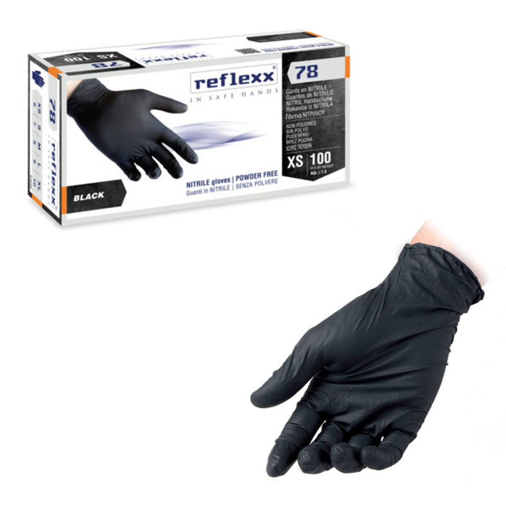GUANTI NITRILE NERO R78 SZ POLVERE x 100 Pz. M [REFLEXX125]